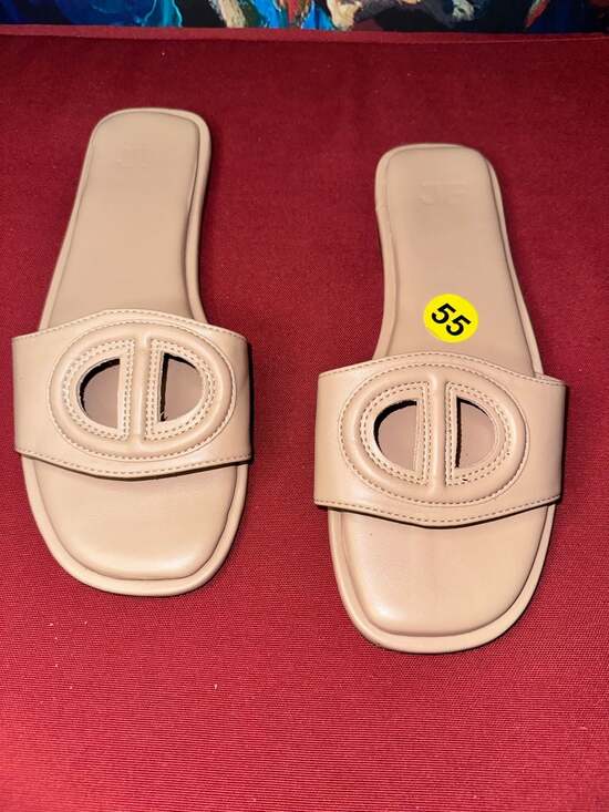 JustFab Shoes - No.55 JustFab Beige Leather Cutout Flat Slide Sandals